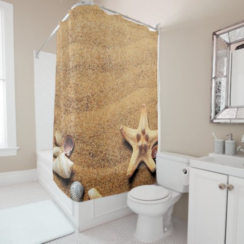 Colorful seashells on the sand shower curtain