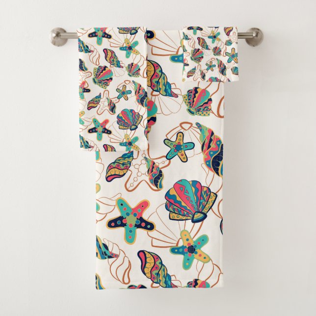 Colorful seashells pattern bath towel set (Insitu)