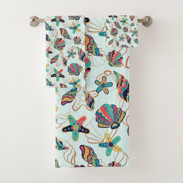 Colorful seashells pattern bath towel set (Insitu)