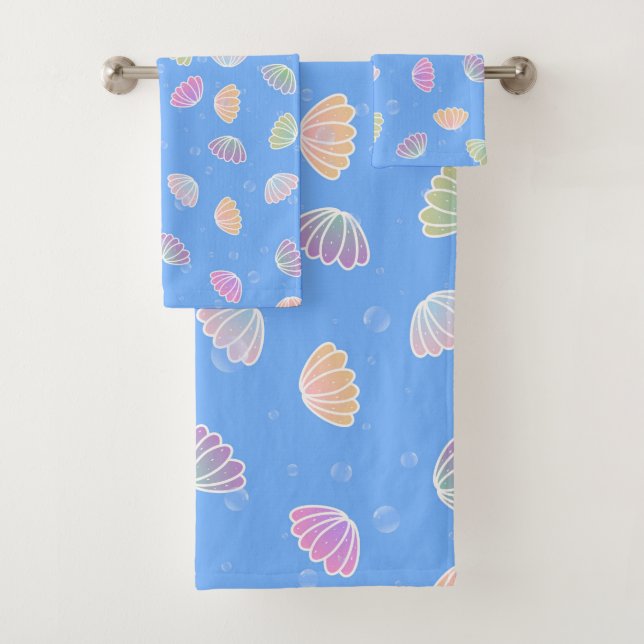 Colorful Seashells Pattern Light Blue Bath Towel Set (Insitu)