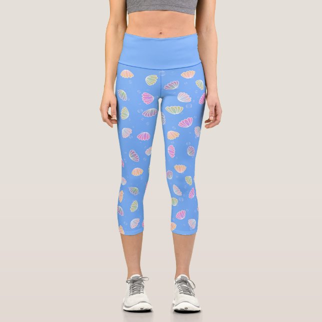Colorful Seashells Pattern Light Blue Capri Leggings (Front)