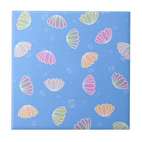 Colorful Seashells Pattern Light Blue Ceramic Tile