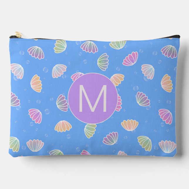 Colorful Seashells Pattern Light Blue Monogram Accessory Pouch (Front)