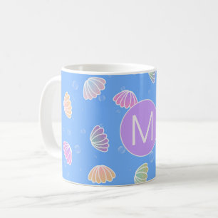 Colorful Seashells Pattern Light Blue Monogram Coffee Mug