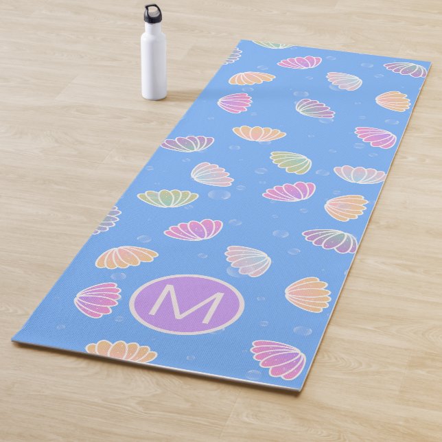 Colorful Seashells Pattern Light Blue Monogram Yoga Mat (In Situ)