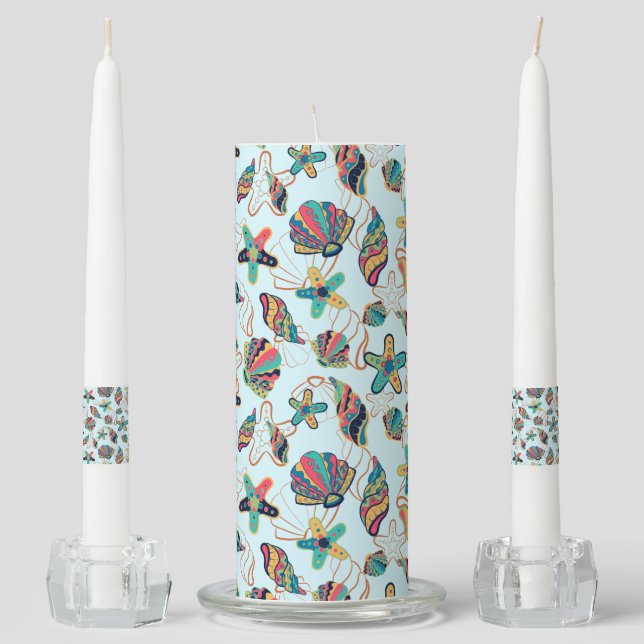 Colorful seashells pattern unity candle set (Front)