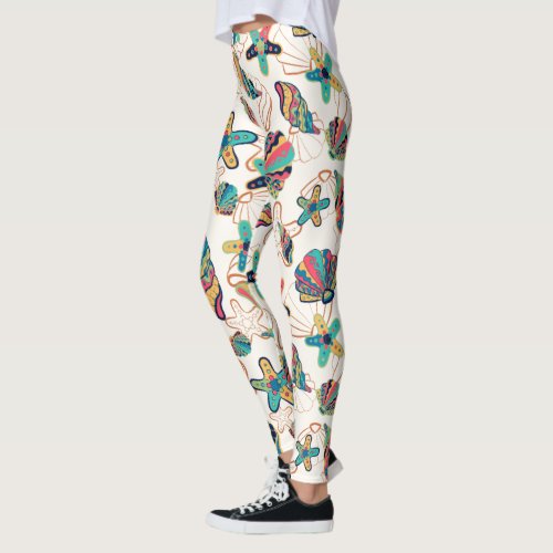 Colorful seashells seamless pattern leggings