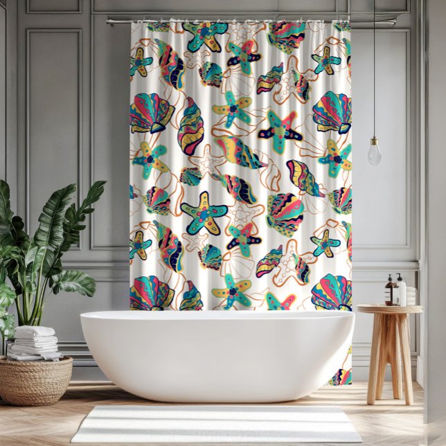 Colorful seashells seamless pattern shower curtain (Creator Uploaded)