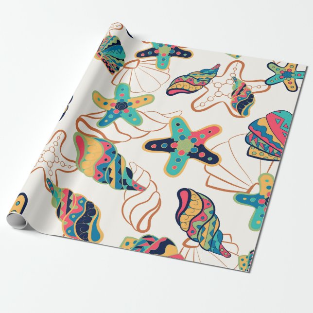 Colorful seashells seamless pattern wrapping paper (Unrolled)