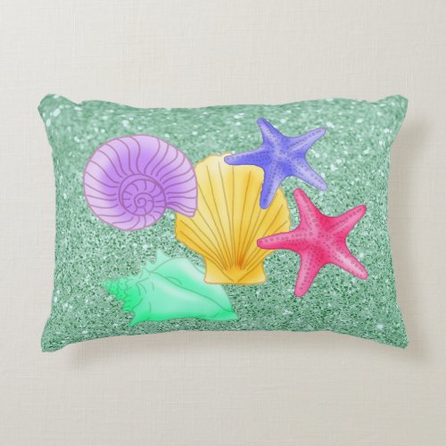 Colorful Seashells  Starfish Soft Green Accent Pillow