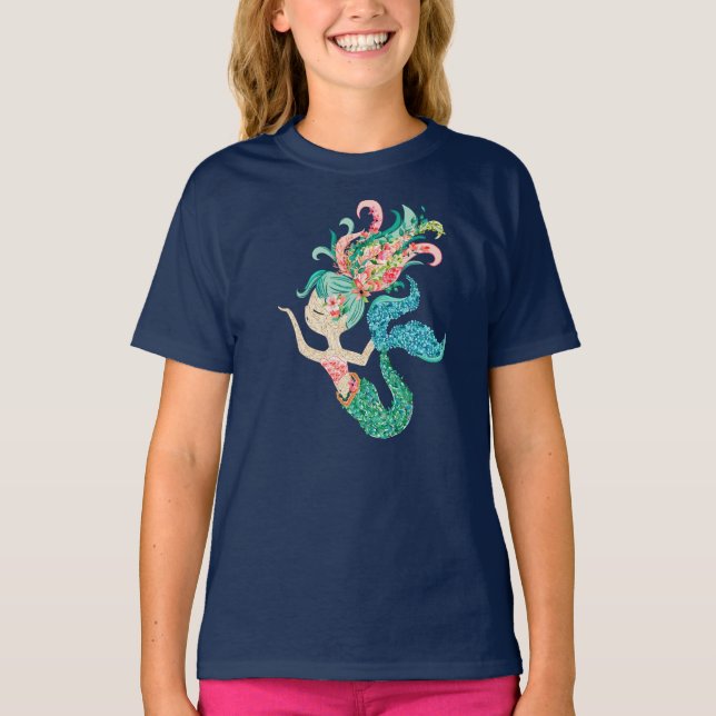 Colorful seashore flowers mermaid illustration T-Shirt (Front)
