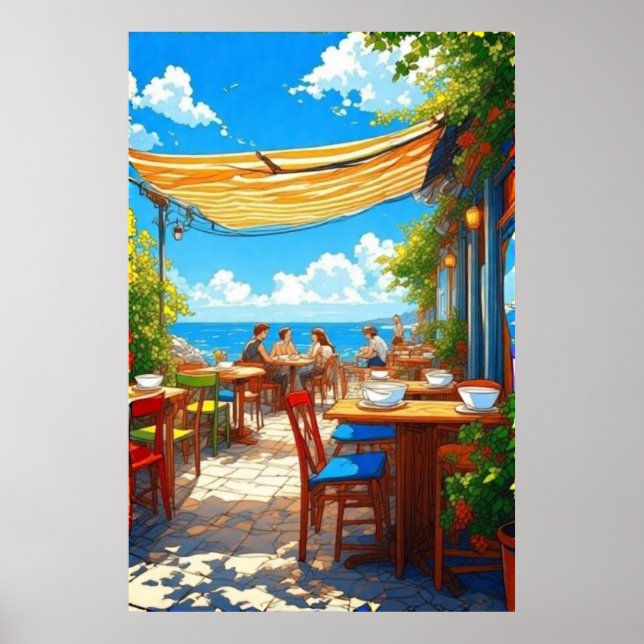 Colorful Seaside Café Al Fresco Patio Poster (Front)