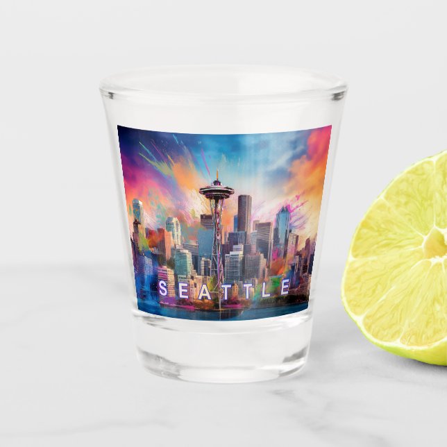 Colorful Seattle Skyline Abstract Art Shot Glass (Front)