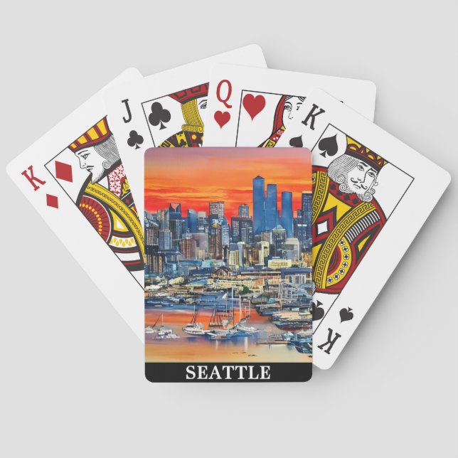 Colorful Seattle Washington Cityscape Sunset Poker Cards (Back)