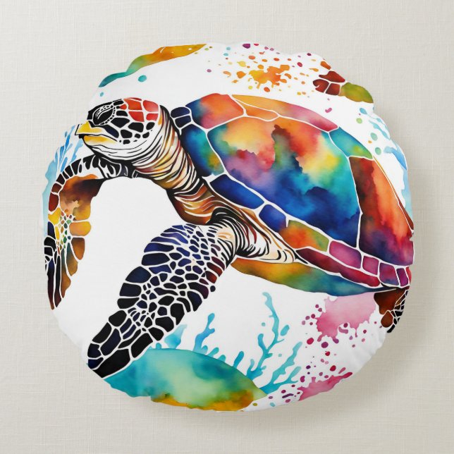 Colorful Seaturtle Art Round Pillow (Front)