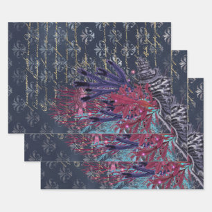Colorful Seaweed and Fish on Blue Wrapping Paper Sheets