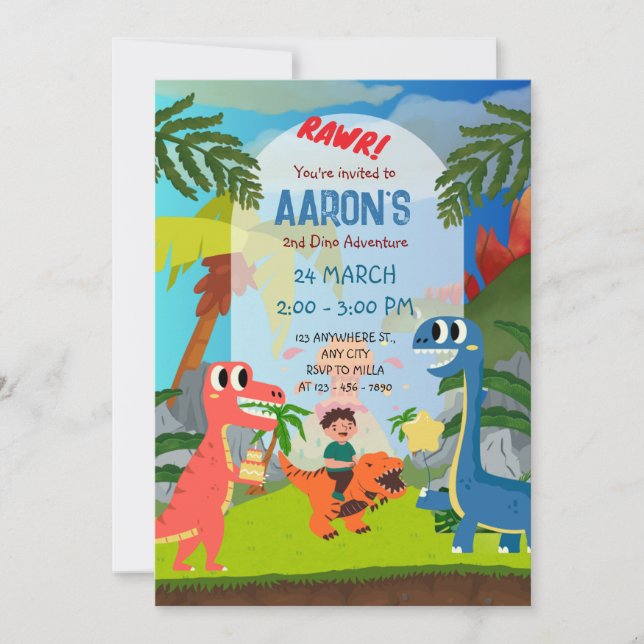 Colorful Second Birthday Dinosaur Adventure Party Invitation (Front)