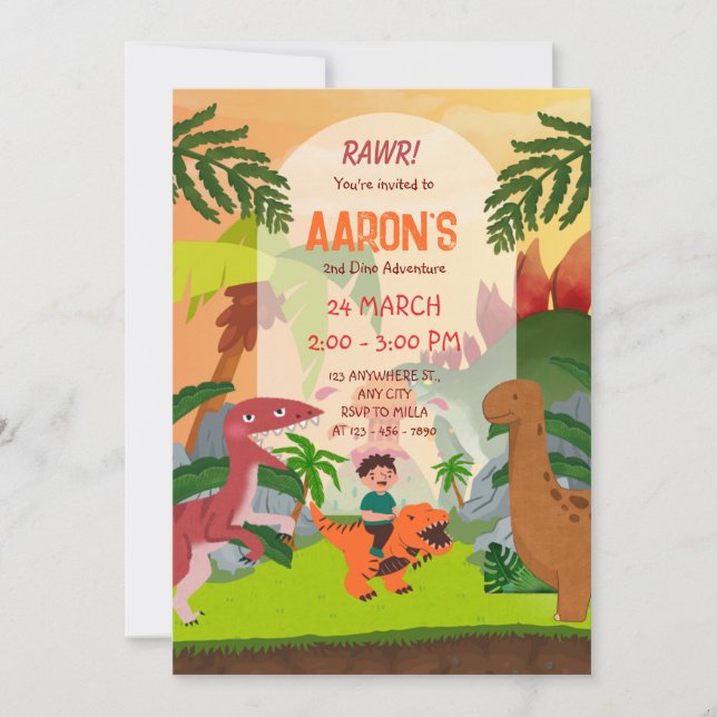 Colorful Second Birthday Dinosaur Adventure Party Invitation (Front)