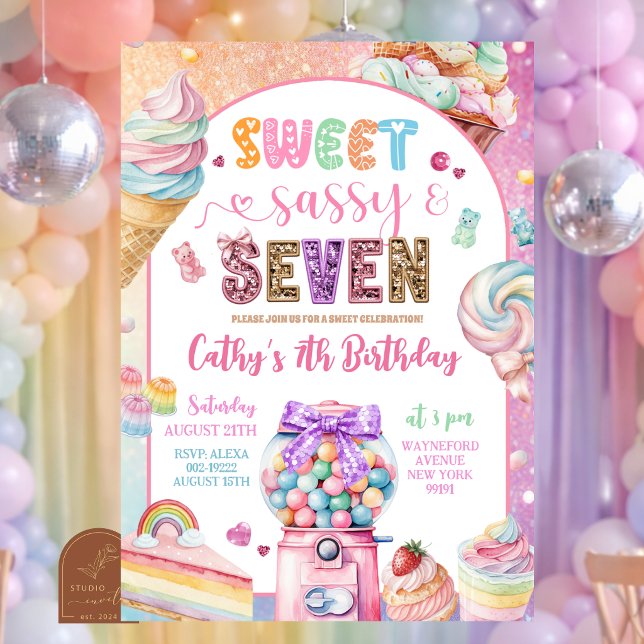 Colorful Sequin Pastel Candies 7th Birthday Invitation (Creator Uploaded)