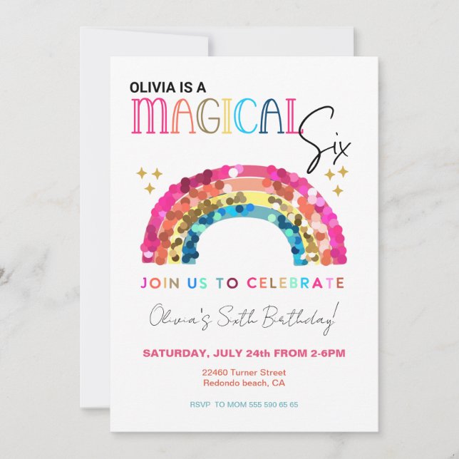 Colorful Sequin Rainbow 6th magical birthday Invitation (Front)