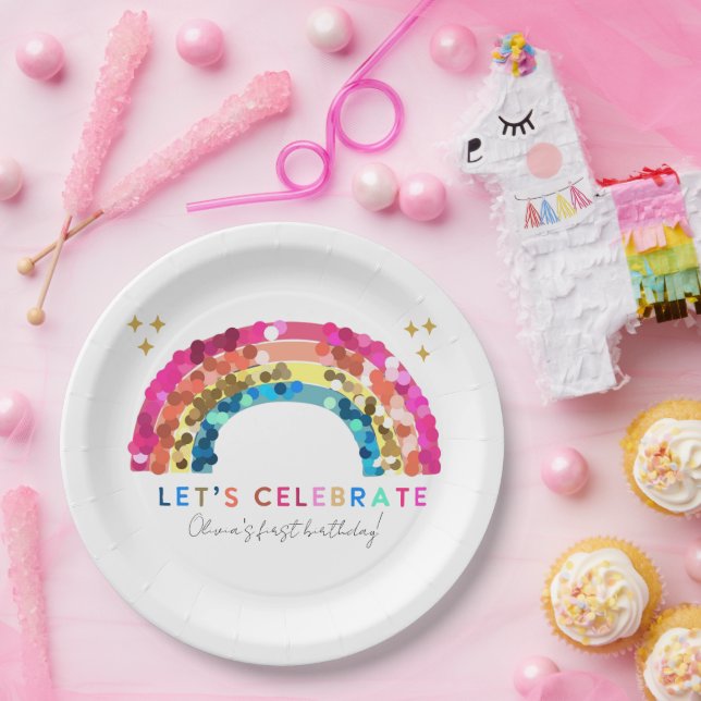 Colorful Sequin Rainbow birthday any age Paper Plates (Party)