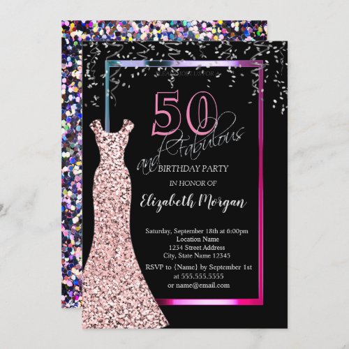 Colorful Sequins Rose Gold Dress 50th Birthday Invitation