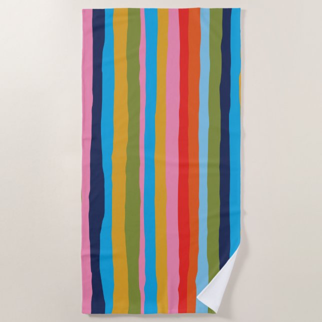 Colorful Serrate Stripes Painted Boho Pattern Beach Towel (Front)
