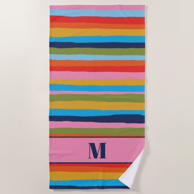 Colorful Serrate Stripes Pattern with Initial Beach Towel (Front)