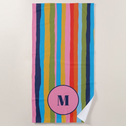 Colorful Serrate Stripes Pattern with Initial Beach Towel