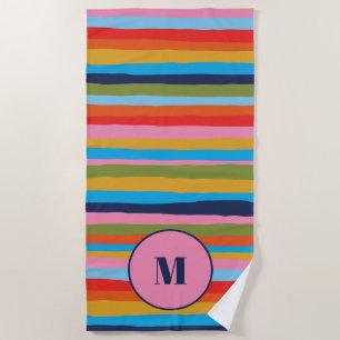 Colorful Serrate Stripes Pattern with Initial Beach Towel