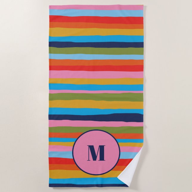 Colorful Serrate Stripes Pattern with Initial Beach Towel (Front)