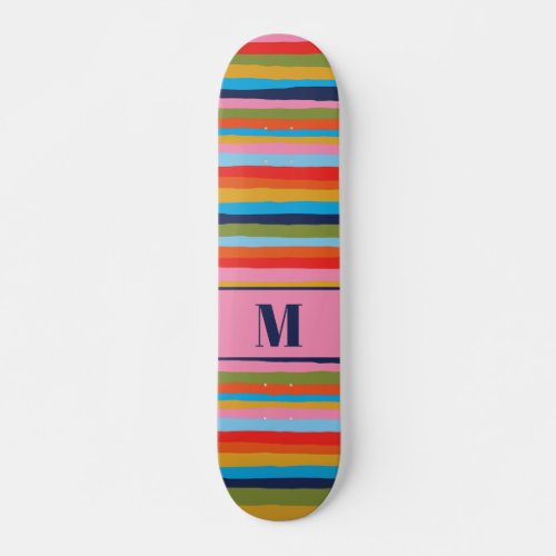 Colorful Serrate Stripes Pattern with Initial Skateboard