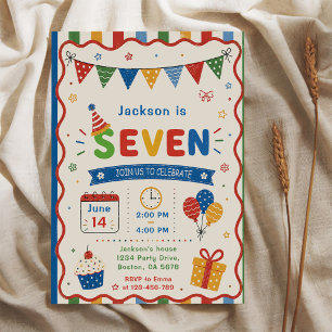 Colorful SEVEN 7th Birthday Party Invitation