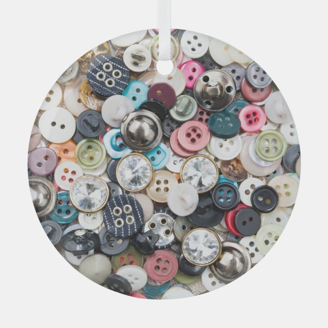 Colorful sewing buttons, natural fabric background glass ornament (Front)
