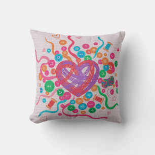 Colorful Sewing Heart Pattern – Handmade Craft Lov Throw Pillow
