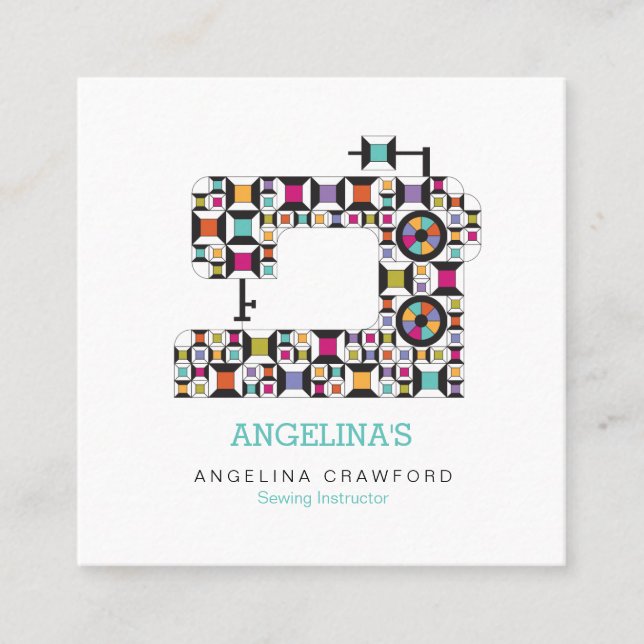Colorful Sewing Machine Quilt Pattern Square Business Card (Front)