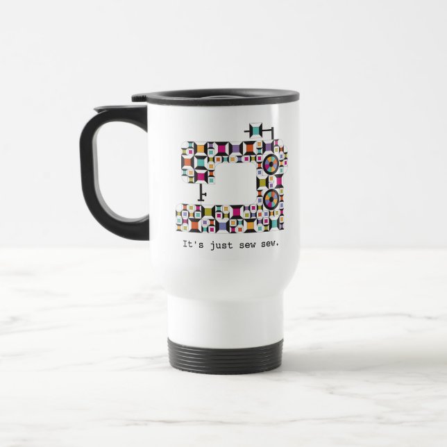 Colorful Sewing Machine Quilt Pattern Travel Mug (Left)