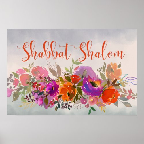 Colorful Shabbat Shalom Watercolor Flowers Art Poster