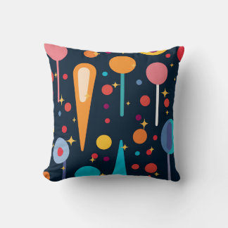 Colorful Shapes and Stars on Black Background Throw Pillow