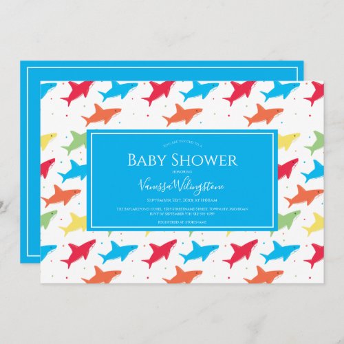Colorful Sharks Blue White Baby Shower Invitation