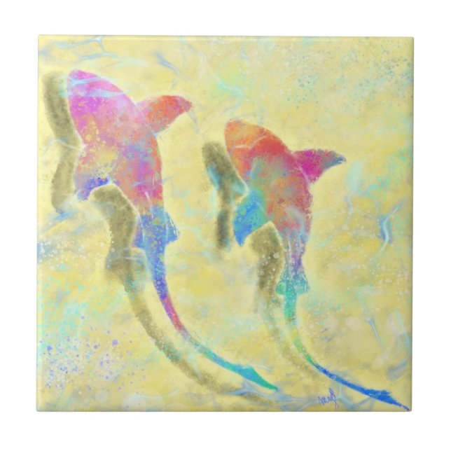 Colorful Sharks Ceramic Tile - Painting (Front)