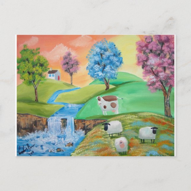 COLORFUL SHEEP COWS FOLK PAINTING POSTCARD (Front)