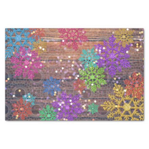 Colorful Shimmering Snowflakes On Lacy Barn Wood  Tissue Paper