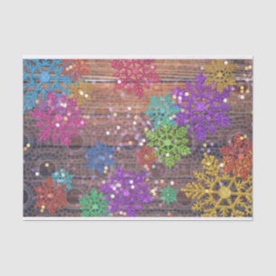 Colorful Shimmering Snowflakes On Lacy Barn Wood Tissue Paper