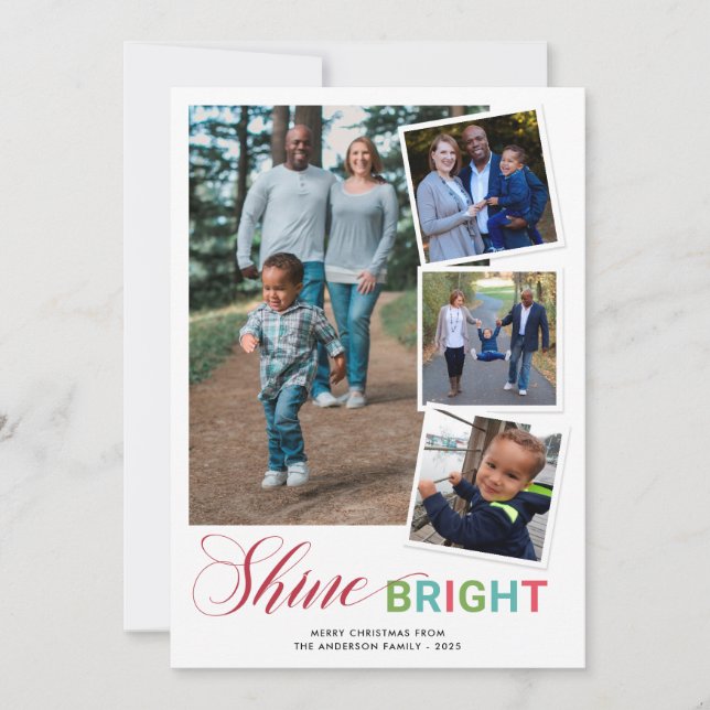 Colorful Shine Bright Photo Collage Christmas Holiday Card (Front)