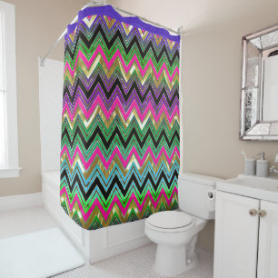 Colorful Shiny Chevron With Black Stripe Shower Curtain