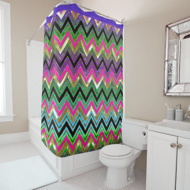 Colorful Shiny Chevron With Black Stripe Shower Curtain (In Situ)