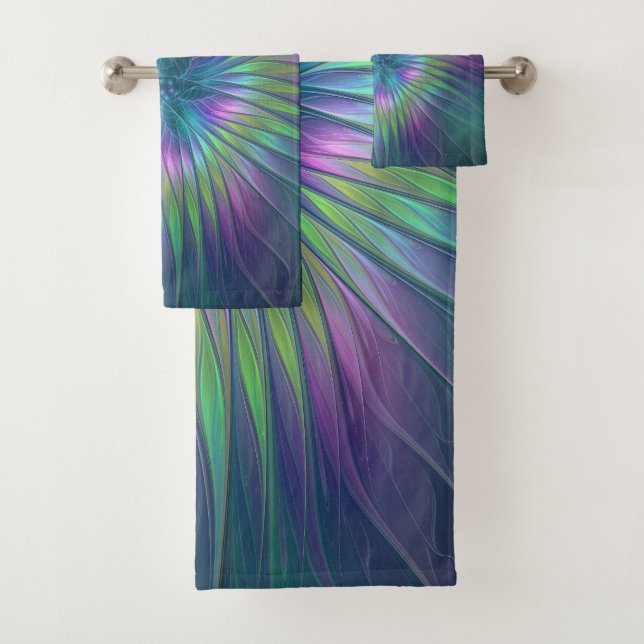 Colorful Shiny Fantasy Flower Abstract Fractal Art Bath Towel Set (Insitu)