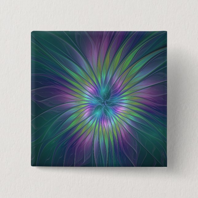 Colorful Shiny Fantasy Flower Abstract Fractal Art Button (Front)