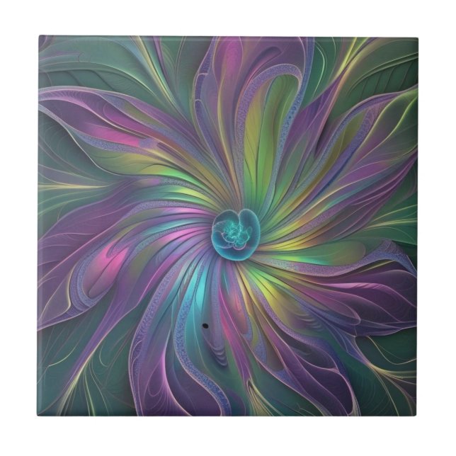 Colorful Shiny Fantasy Flower Abstract Fractal Art Ceramic Tile (Front)